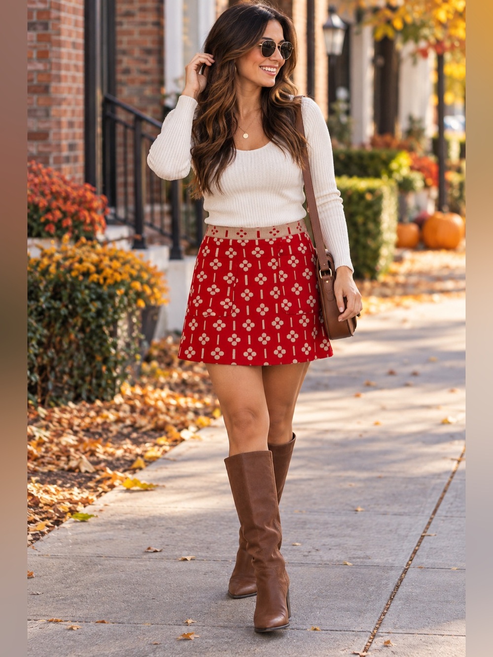 Maeve Anthropologie Quant Mini Skirt Womens L Red Tan Jacquard Knit Pockets